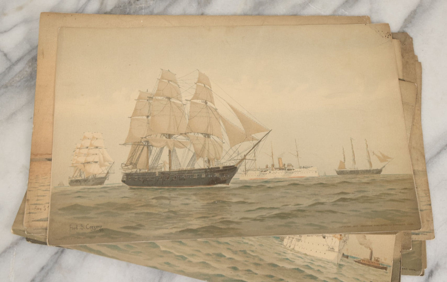 Lot 061 - Grouping Of 11 Antique Chromolithograph Prints Of U.S. Navy Battleships As Illustrated By Fred S. Cozzens, Copyright 1893 By The American Publishing Co., Hartford, Connecticut, Armstrong & Co., Lithographers, Boston