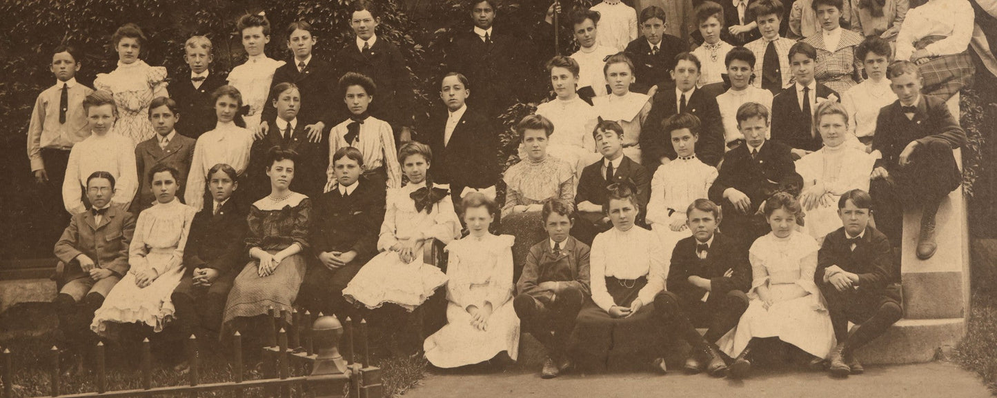 Lot 063 - Antique Boarded Photograph Of The Students And Staff Of The Messer Street Grammar School, Class Of 1893, Posing With Banner On School Steps, William Mills & Son, Photographers, Providence, Rhode Island, In Frame, 18-1/8" x 15-1/8"