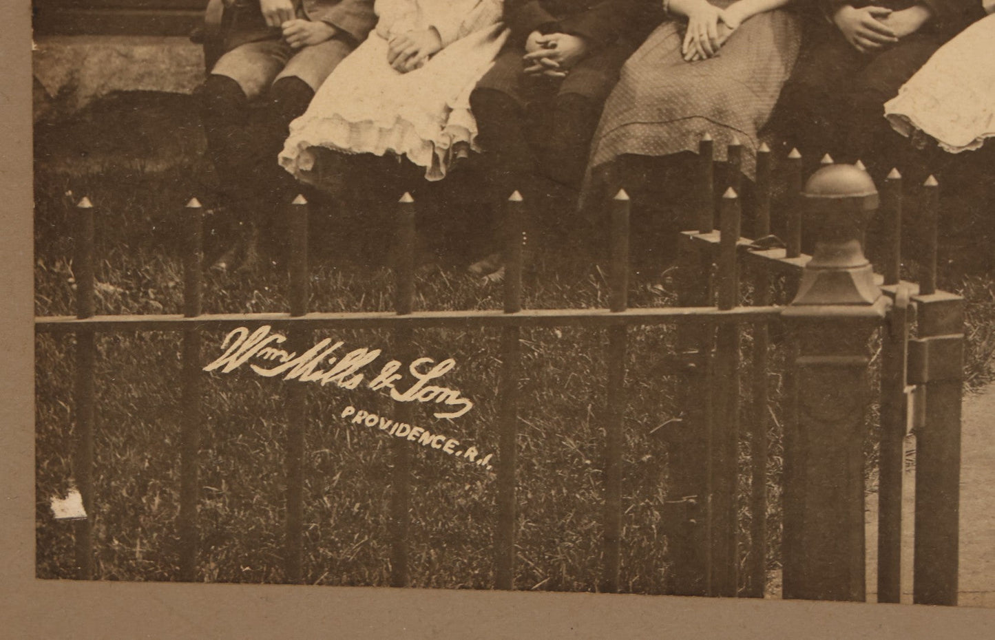 Lot 063 - Antique Boarded Photograph Of The Students And Staff Of The Messer Street Grammar School, Class Of 1893, Posing With Banner On School Steps, William Mills & Son, Photographers, Providence, Rhode Island, In Frame, 18-1/8" x 15-1/8"