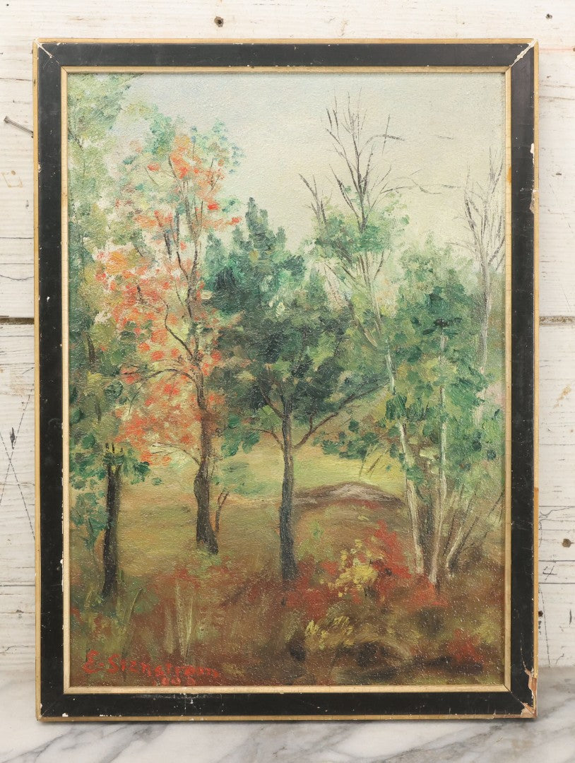 Lot 069 - Vintage Oil On Board Landscape Painting Of Fall Foliage And Trees, Artist Signed E. Stenstrom, Dated 1929, 11-1/4" x 15-1/8"