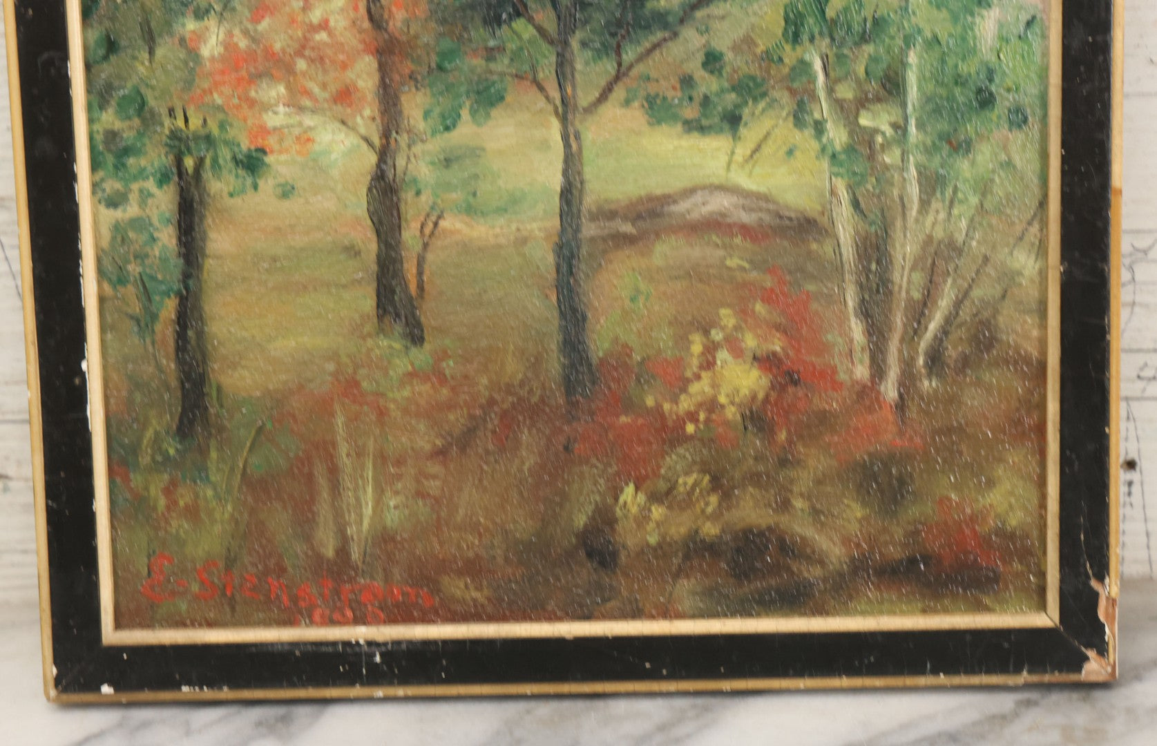 Lot 069 - Vintage Oil On Board Landscape Painting Of Fall Foliage And Trees, Artist Signed E. Stenstrom, Dated 1929, 11-1/4" x 15-1/8"