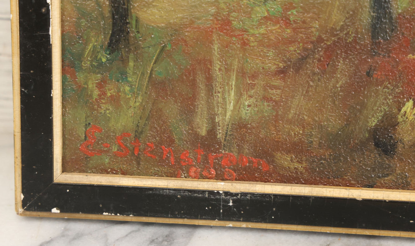 Lot 069 - Vintage Oil On Board Landscape Painting Of Fall Foliage And Trees, Artist Signed E. Stenstrom, Dated 1929, 11-1/4" x 15-1/8"