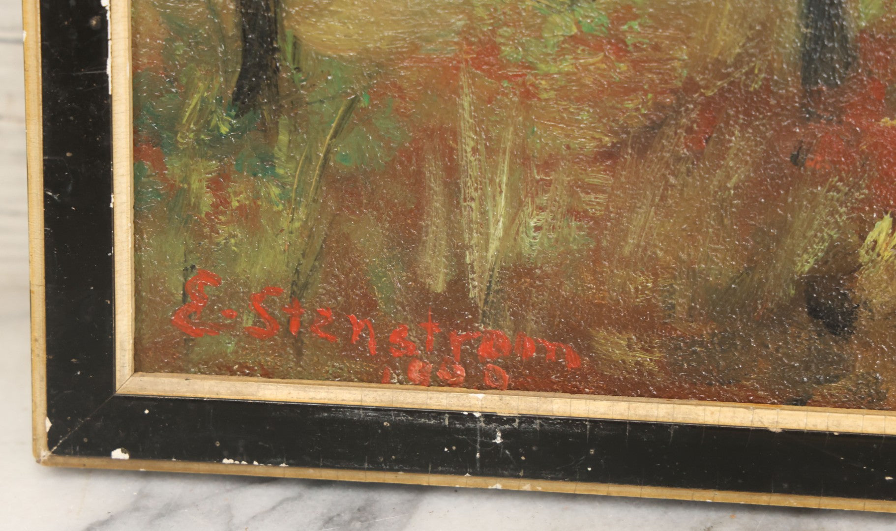 Lot 069 - Vintage Oil On Board Landscape Painting Of Fall Foliage And Trees, Artist Signed E. Stenstrom, Dated 1929, 11-1/4" x 15-1/8"