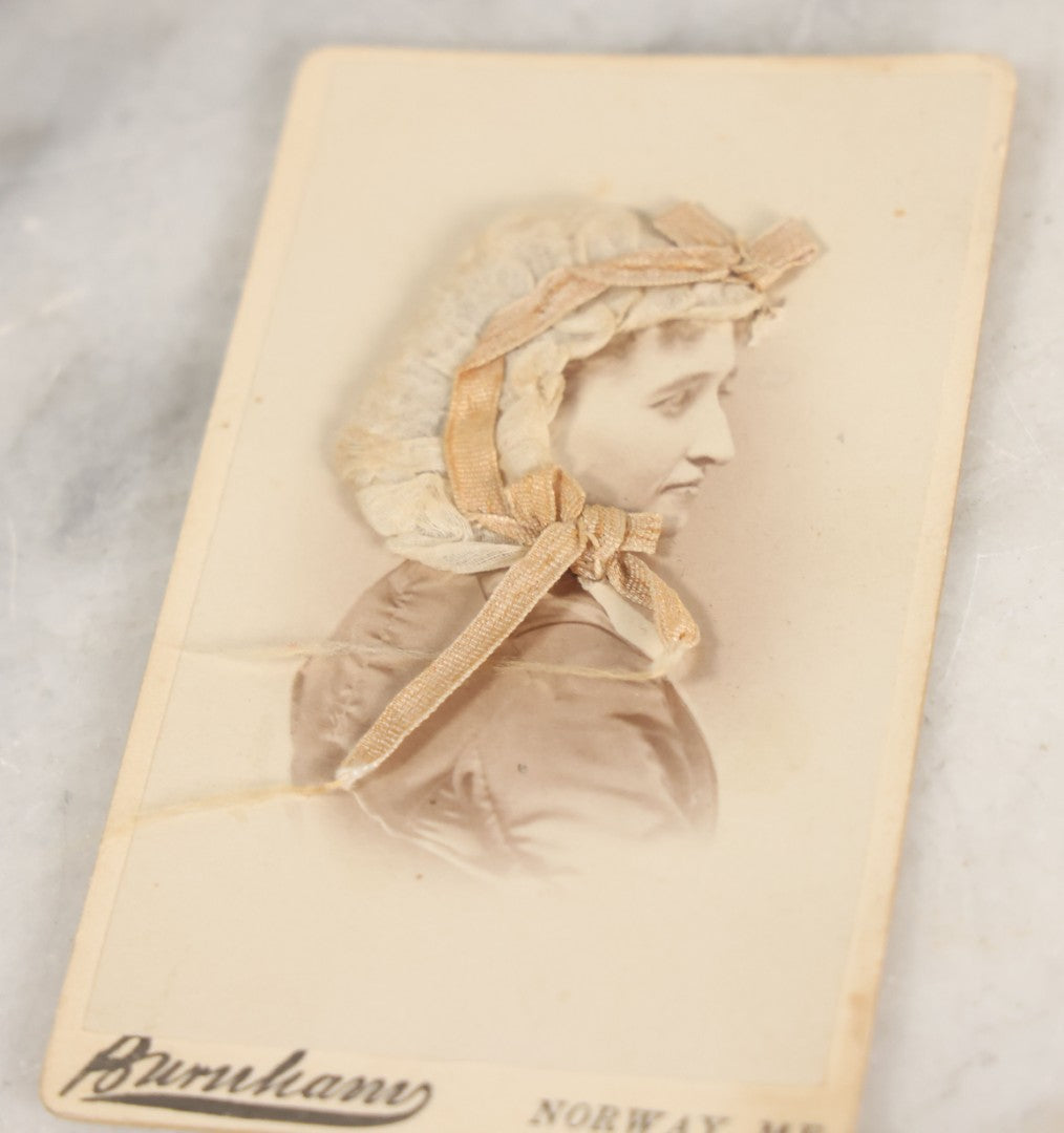 Lot 074 - Antique Carte De Visite C.D.V. Portrait Photograph Of Woman With Handmade Applied Folk Art Textile Bonnet Decoration, Burnham, Photographer, Norway, Maine