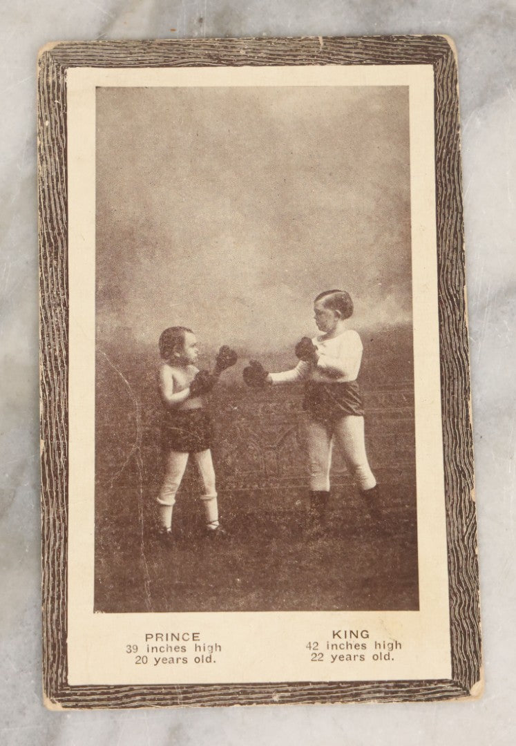 Lot 078 - Antique Sideshow Circus Souvenir Postcard Commemorating Fight Between Prince And King, Two Little People Boxers, Part Of The Coney Island Sideshow, With Note On Verso Dated 1918