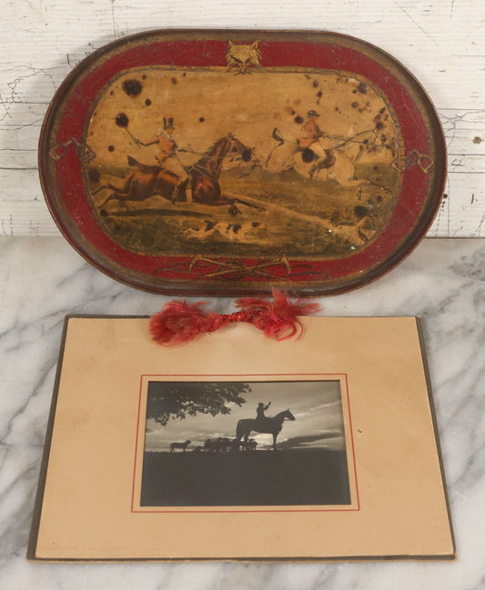 Lot 082 - Pair Of Vintage Fox Hunt Collectibles, Including Decoupage Tray And Souvenir Photo Of Hunter On Horseback With Hunting Dogs