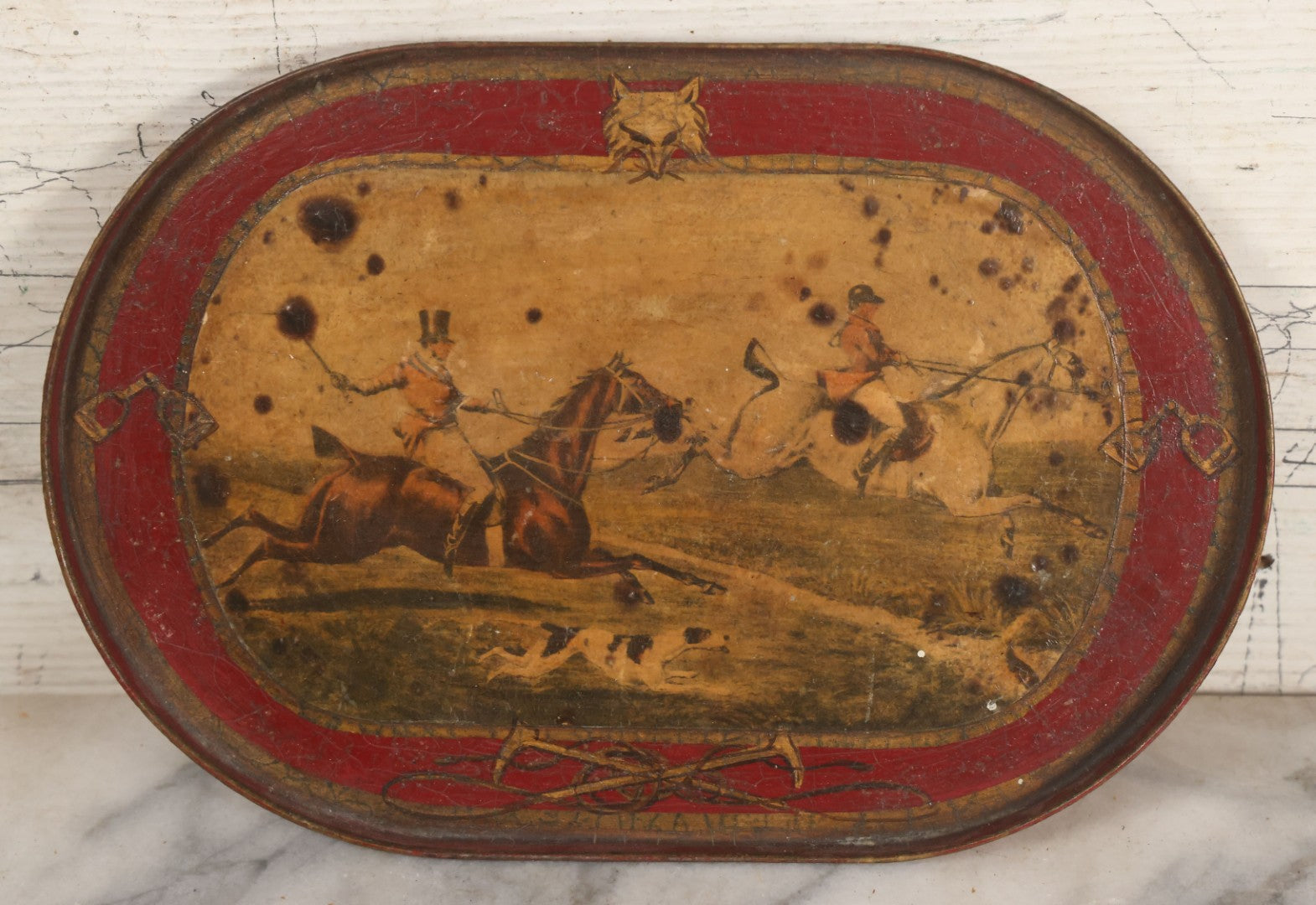 Lot 082 - Pair Of Vintage Fox Hunt Collectibles, Including Decoupage Tray And Souvenir Photo Of Hunter On Horseback With Hunting Dogs