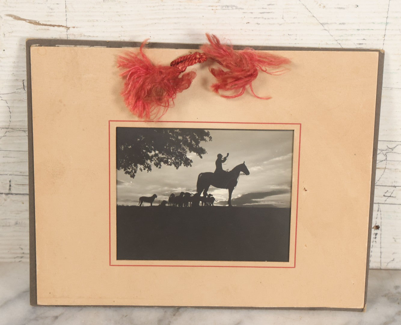 Lot 082 - Pair Of Vintage Fox Hunt Collectibles, Including Decoupage Tray And Souvenir Photo Of Hunter On Horseback With Hunting Dogs