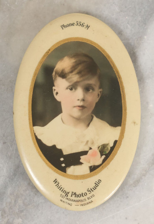Lot 083 - Antique Advertising Pocket Mirror For Whiting Photo Studio, Whiting, Indiana, With Photograph Of Young Boy