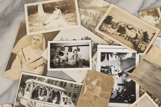Lot 087 - Grouping Of 35 Vintage Vernacular Black And White Photographs, Including Nun, Soldiers, Women At The Beach, Boston Terrier Dog In Car, And Parade Photos