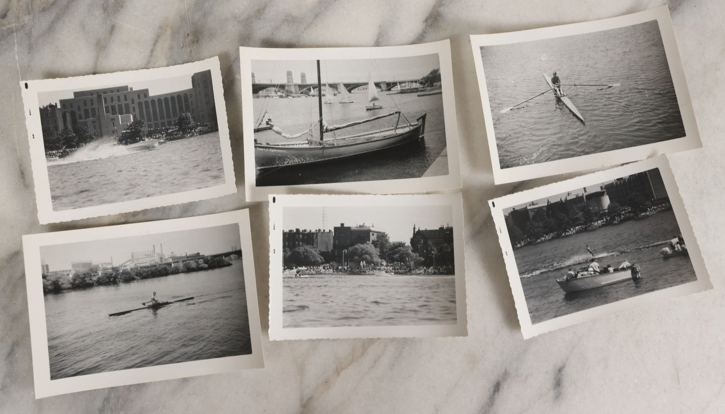 Lot 088 - Grouping Of 25 Vintage Black And White Photographs Of Boating On The Charles River, Boston And Cambridge Mass., Including Photo Of Boston Herald Water Skiers, Sailboats, And Rowing, With Landmarks Including Longfellow Bridge, Universities