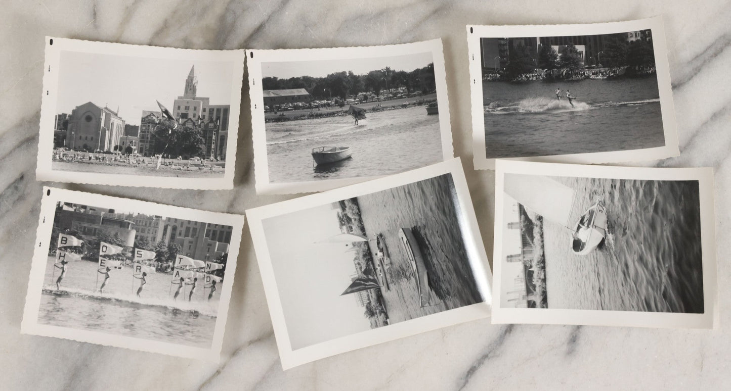 Lot 088 - Grouping Of 25 Vintage Black And White Photographs Of Boating On The Charles River, Boston And Cambridge Mass., Including Photo Of Boston Herald Water Skiers, Sailboats, And Rowing, With Landmarks Including Longfellow Bridge, Universities