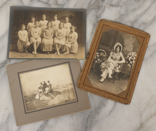 Lot 090 - Grouping Of Three Antique Photographs Of Women Including School Girls In Sweaters With "R" Insignia, Hikers, And Studio Portrait Of Woman In Fancy Dress 