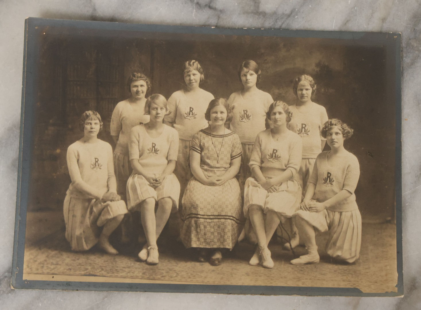 Lot 090 - Grouping Of Three Antique Photographs Of Women Including School Girls In Sweaters With "R" Insignia, Hikers, And Studio Portrait Of Woman In Fancy Dress 