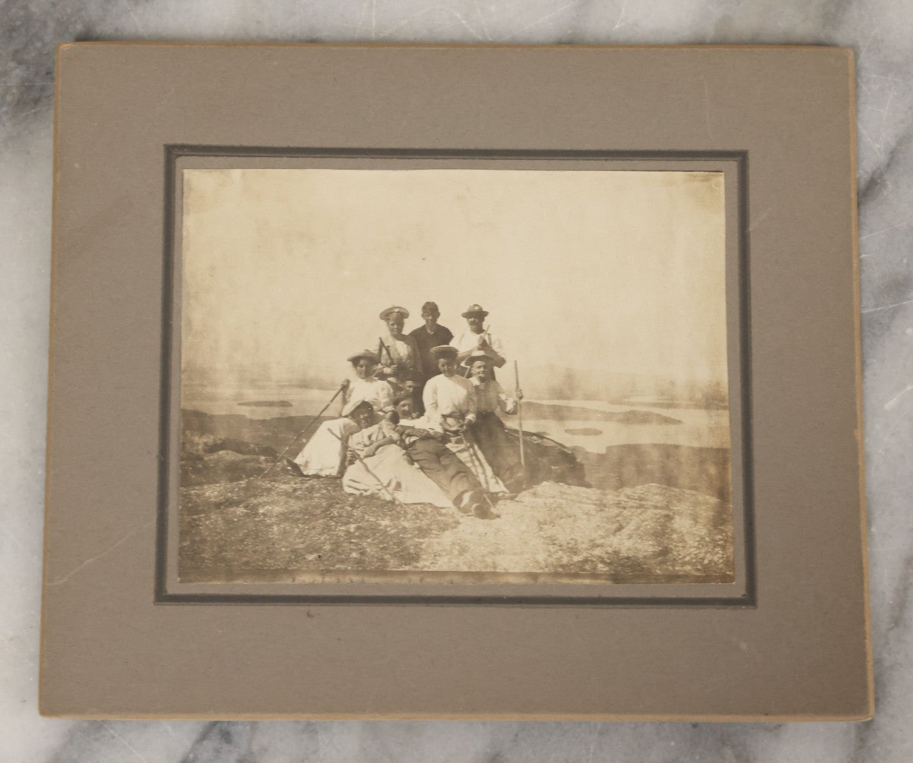 Lot 090 - Grouping Of Three Antique Photographs Of Women Including School Girls In Sweaters With "R" Insignia, Hikers, And Studio Portrait Of Woman In Fancy Dress 