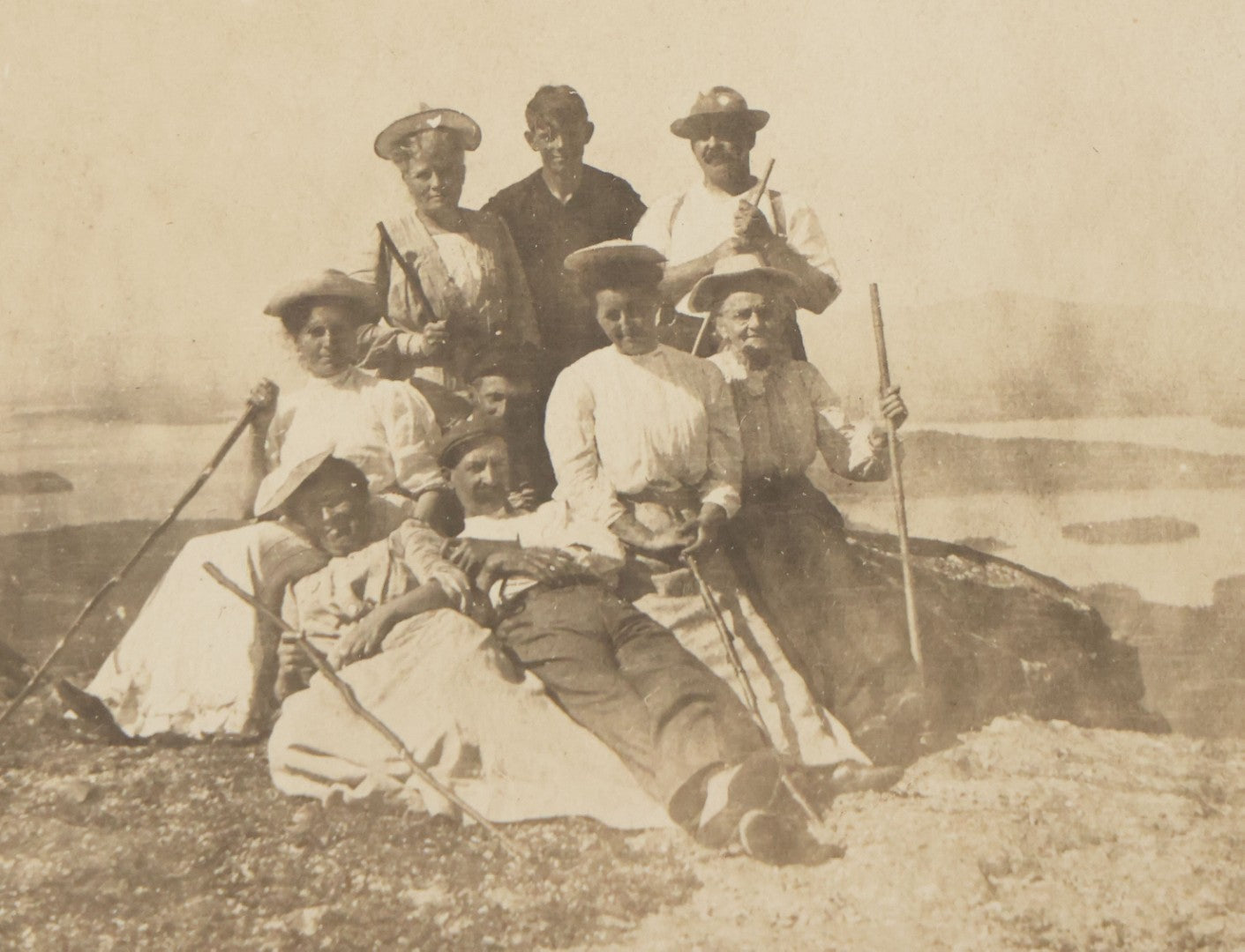 Lot 090 - Grouping Of Three Antique Photographs Of Women Including School Girls In Sweaters With "R" Insignia, Hikers, And Studio Portrait Of Woman In Fancy Dress 