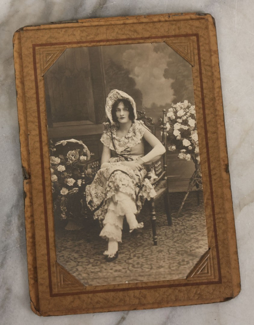 Lot 090 - Grouping Of Three Antique Photographs Of Women Including School Girls In Sweaters With "R" Insignia, Hikers, And Studio Portrait Of Woman In Fancy Dress 