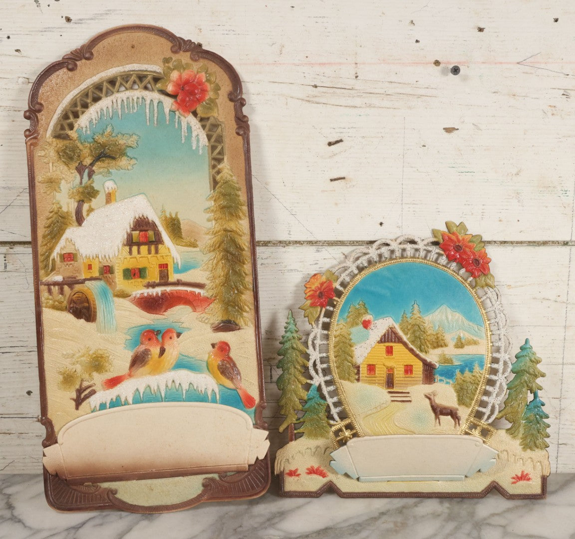 Lot 095 - Pair Of Vintage Embossed Die Cut Paper Pulp Advertising Calendar Blanks Featuring Winter Scenes With Mountain Cabin And Animals, Made In Western Germany, No. 6211 And No. 6203