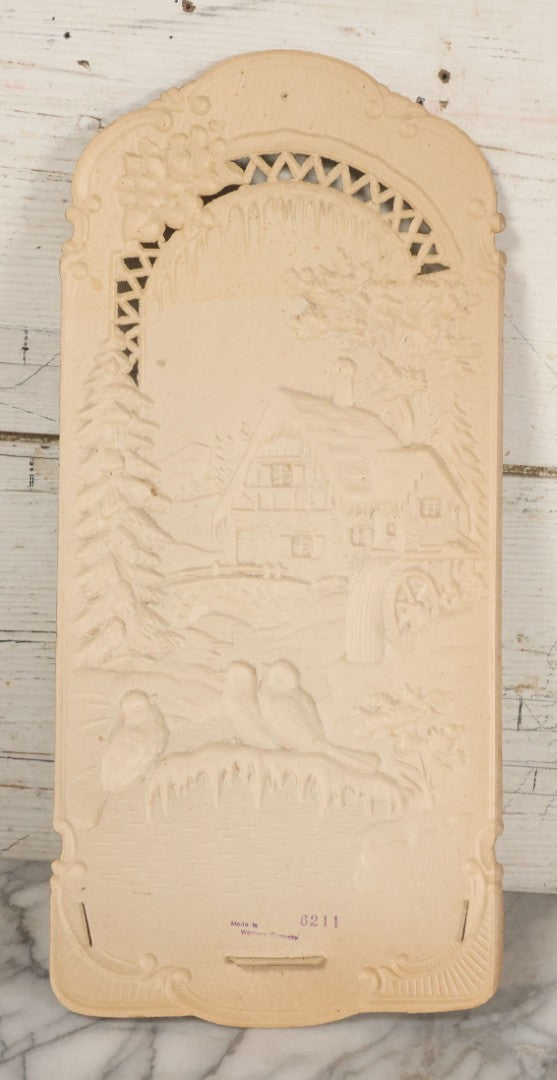 Lot 095 - Pair Of Vintage Embossed Die Cut Paper Pulp Advertising Calendar Blanks Featuring Winter Scenes With Mountain Cabin And Animals, Made In Western Germany, No. 6211 And No. 6203