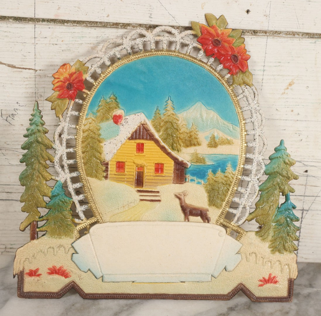 Lot 095 - Pair Of Vintage Embossed Die Cut Paper Pulp Advertising Calendar Blanks Featuring Winter Scenes With Mountain Cabin And Animals, Made In Western Germany, No. 6211 And No. 6203