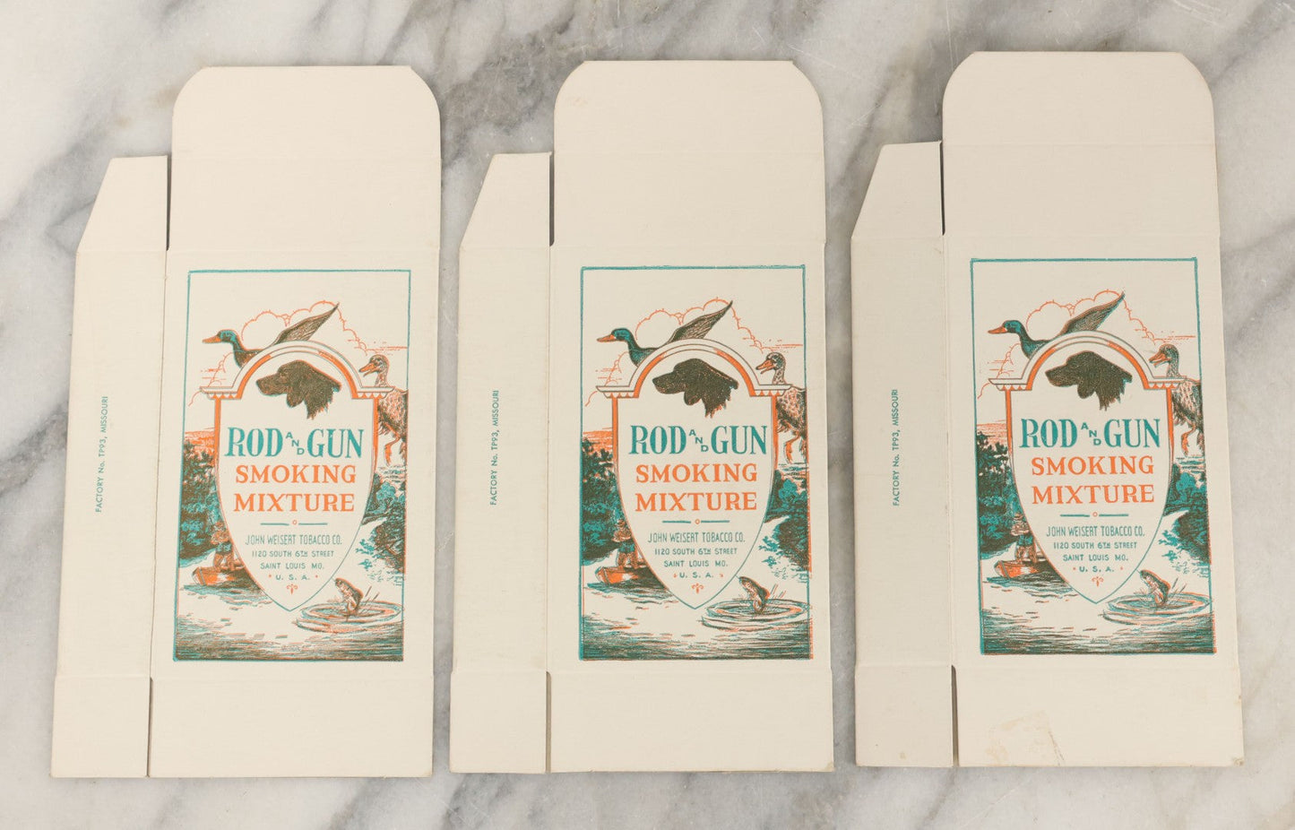 Lot 098 - Grouping Of Three Unused New Old Stock N.O.S. Advertising Boxes For Rod And Gun Smoking Mixture, Manufactured By John Weisert Tobacco Co., St. Louis, Missouri