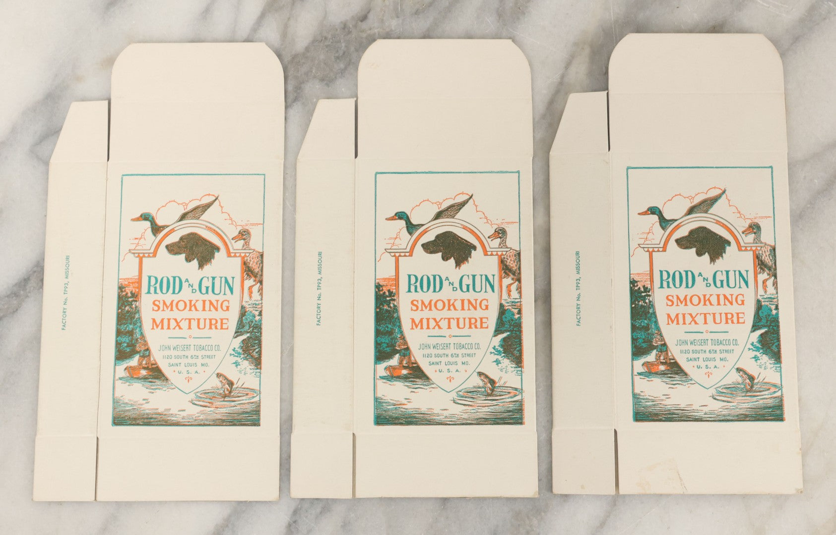 Lot 098 - Grouping Of Three Unused New Old Stock N.O.S. Advertising Boxes For Rod And Gun Smoking Mixture, Manufactured By John Weisert Tobacco Co., St. Louis, Missouri