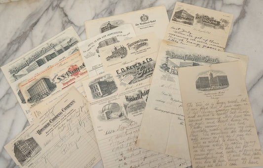 Lot 099 - Grouping Of Seventeen Antique Corporate Documents With Various Billheads, Letterheads, And Advertising For Businesses Including The Beacon Falls Rubber Shoe Co., National Biscuit Company, Hotels, And More
