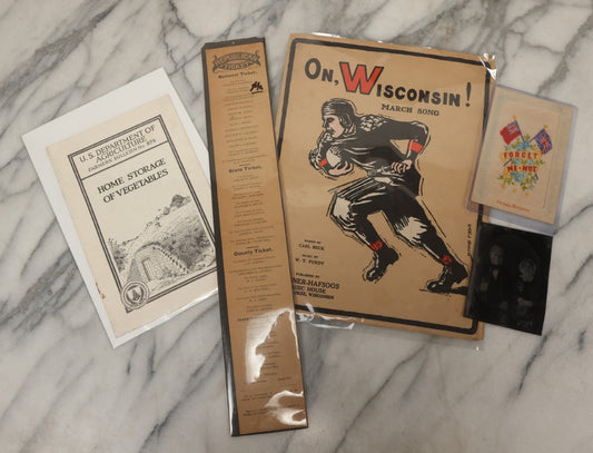 Lot 102 - Five Piece Ephemera Grouping Including "On, Wisconsin! March Song," Embroidered Forget Me Not Postcard, U.S.D.A. "Home Storage Of Vegetables" Booklet, Republican Election Ticket, And Tintype Of Elderly Man And Woman