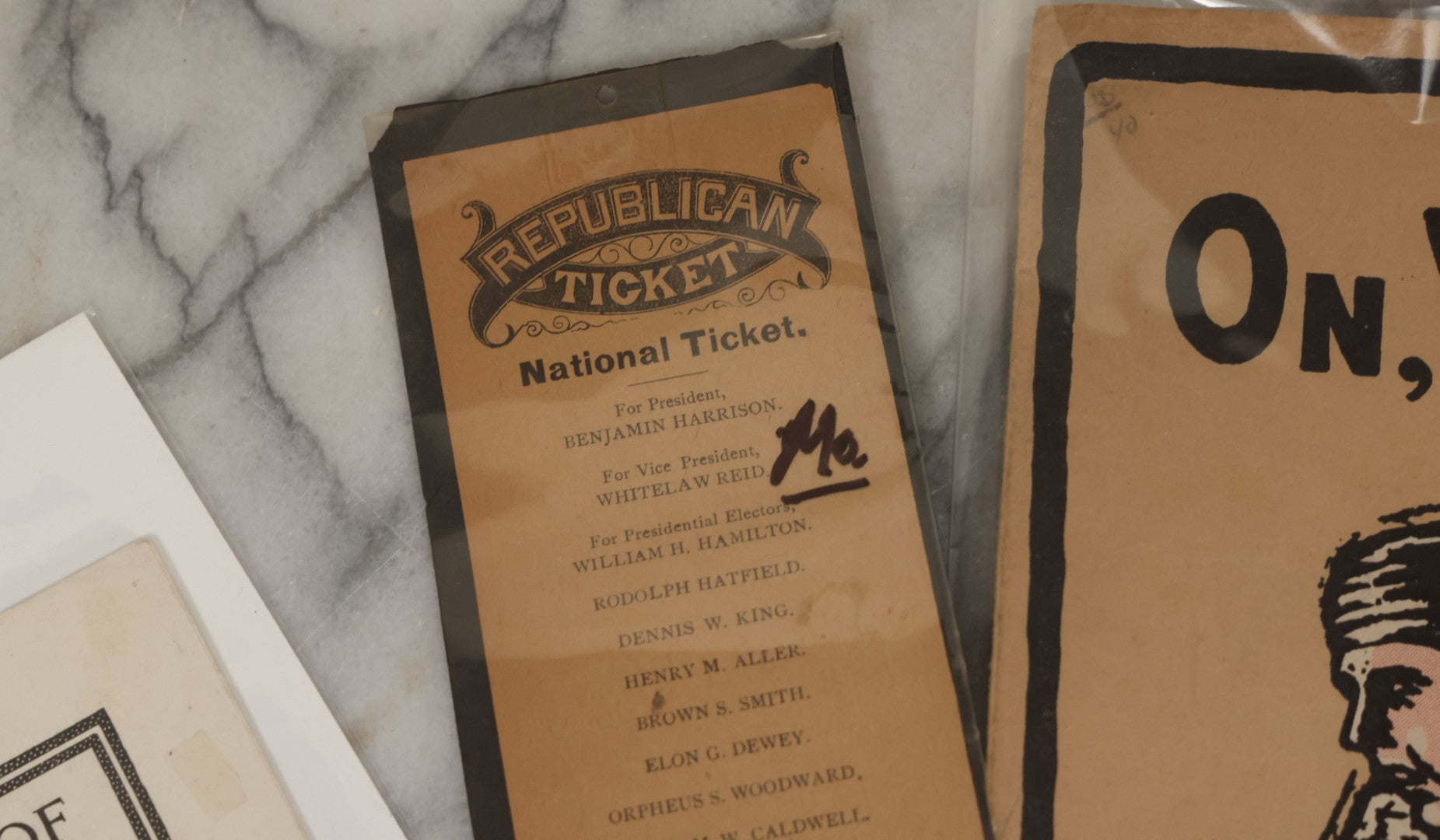 Lot 102 - Five Piece Ephemera Grouping Including "On, Wisconsin! March Song," Embroidered Forget Me Not Postcard, U.S.D.A. "Home Storage Of Vegetables" Booklet, Republican Election Ticket, And Tintype Of Elderly Man And Woman