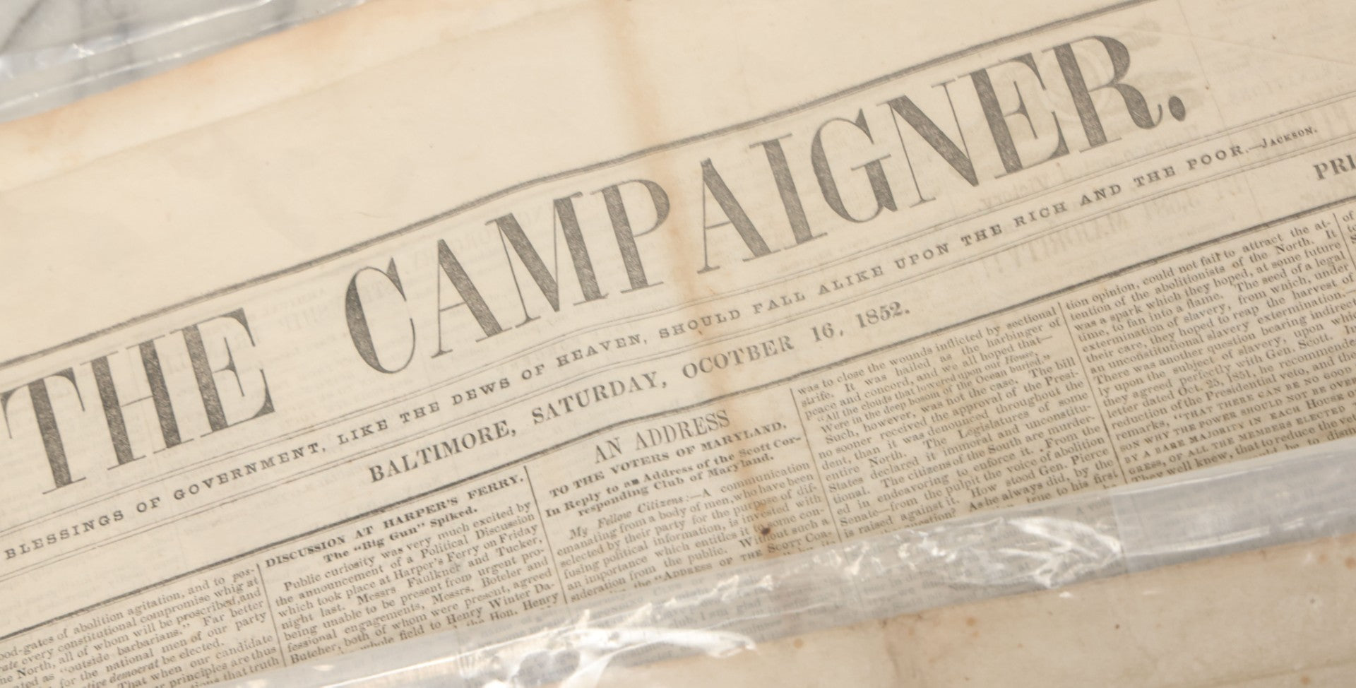 Lot 103 - Pair Of 19th Century Newspapers Including "The Campaigner," Baltimore, Saturday, October 16, 1852 And "The Weekly Union," City Of Washington, September 25, 1847