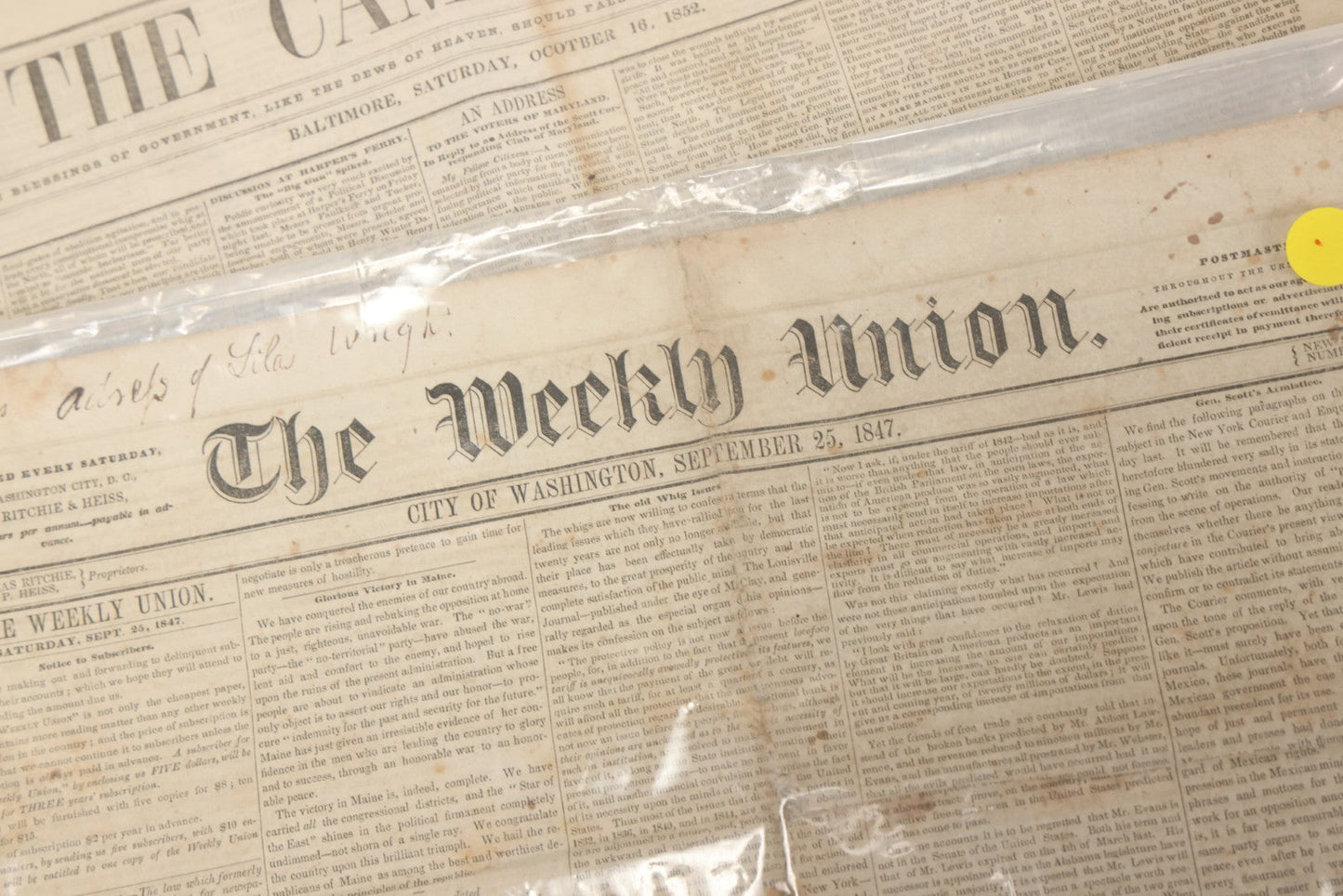 Lot 103 - Pair Of 19th Century Newspapers Including "The Campaigner," Baltimore, Saturday, October 16, 1852 And "The Weekly Union," City Of Washington, September 25, 1847