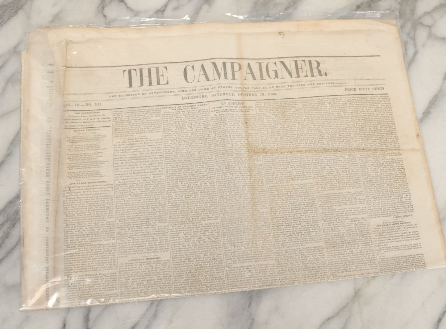 Lot 103 - Pair Of 19th Century Newspapers Including "The Campaigner," Baltimore, Saturday, October 16, 1852 And "The Weekly Union," City Of Washington, September 25, 1847