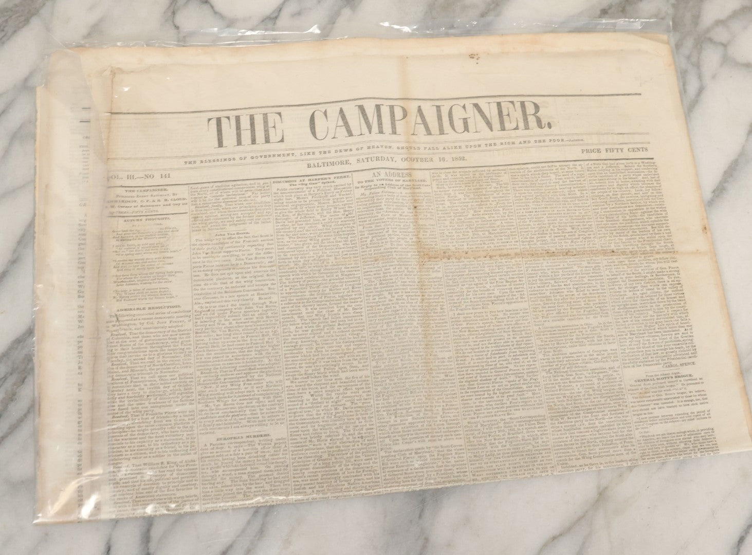 Lot 103 - Pair Of 19th Century Newspapers Including "The Campaigner," Baltimore, Saturday, October 16, 1852 And "The Weekly Union," City Of Washington, September 25, 1847