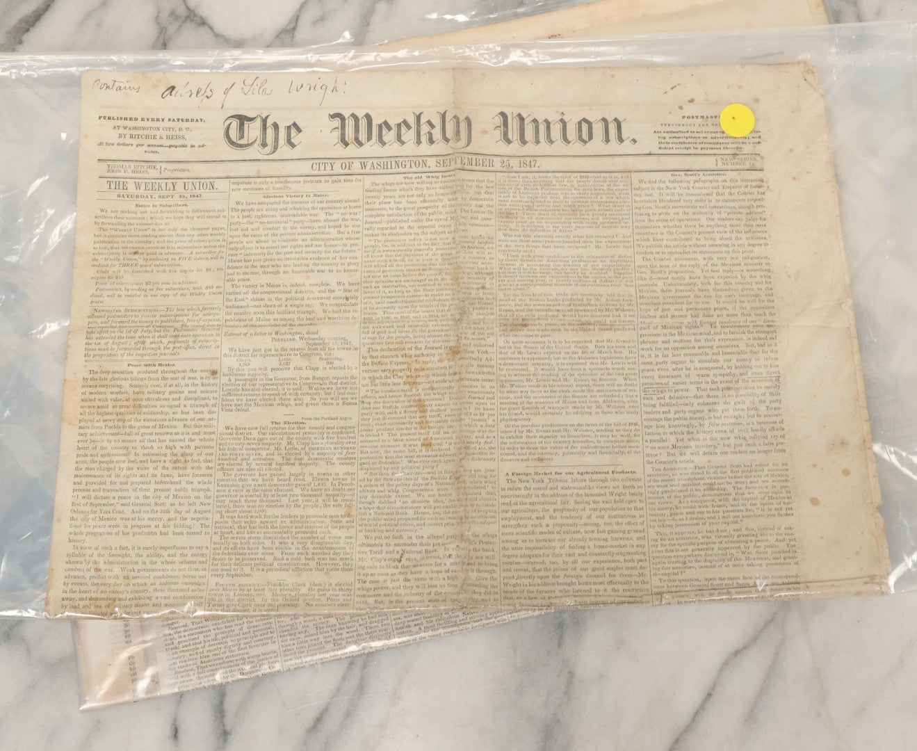 Lot 103 - Pair Of 19th Century Newspapers Including "The Campaigner," Baltimore, Saturday, October 16, 1852 And "The Weekly Union," City Of Washington, September 25, 1847