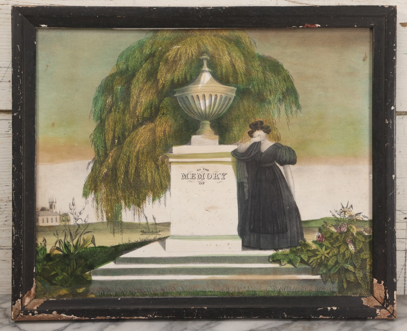 Lot 002 - Antique Hand-Colored Mourning Lithograph With Widow Weeping Beside Grave Monument And Willow Tree With Church And Sailboat In Background, "To The Memory Of" With Faded Ink Handwriting, In Frame, 16-1/2" x 13-1/2"