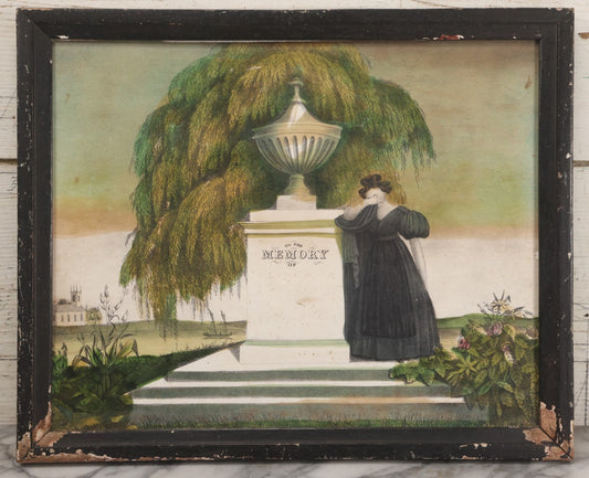 Lot 002 - Antique Hand-Colored Mourning Lithograph With Widow Weeping Beside Grave Monument And Willow Tree With Church And Sailboat In Background, "To The Memory Of" With Faded Ink Handwriting, In Frame, 16-1/2" x 13-1/2"