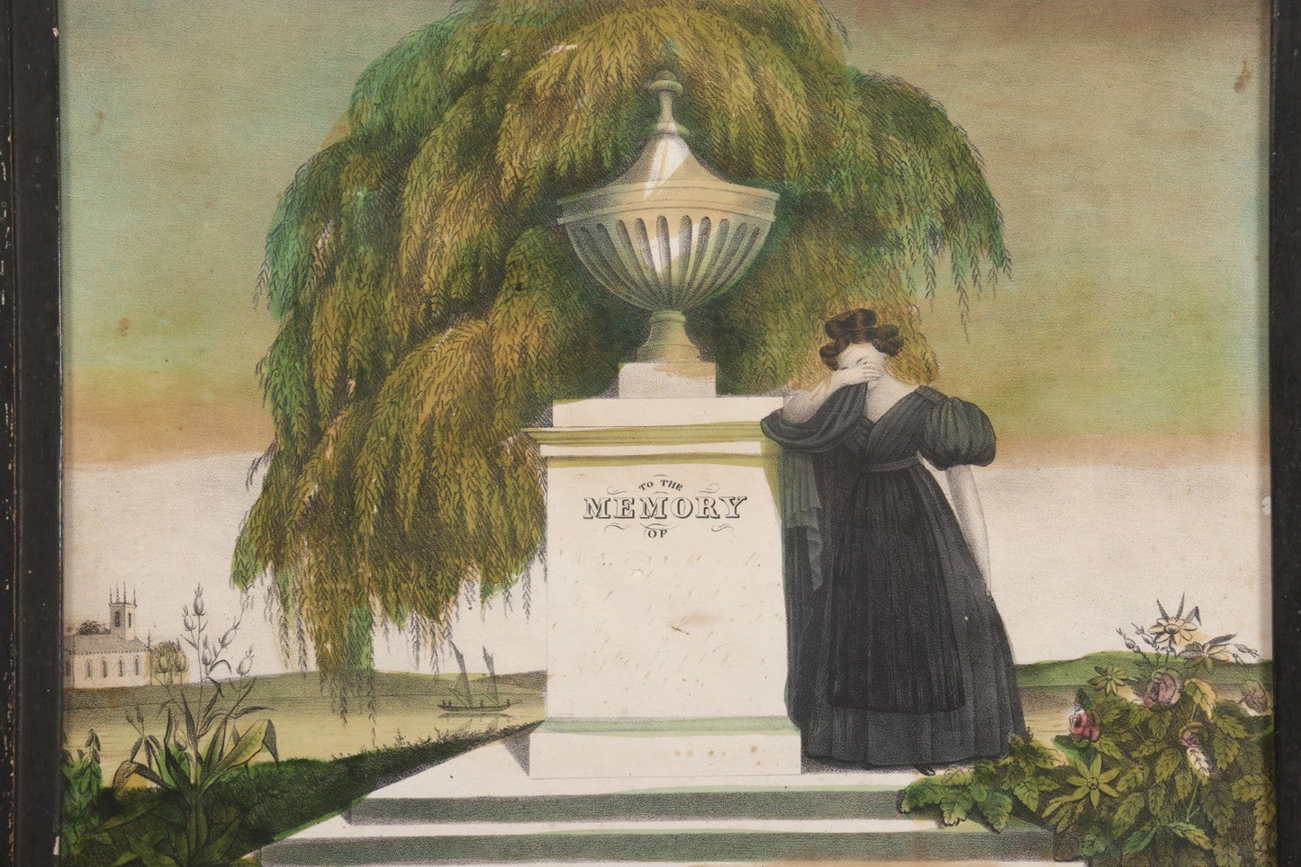 Lot 002 - Antique Hand-Colored Mourning Lithograph With Widow Weeping Beside Grave Monument And Willow Tree With Church And Sailboat In Background, "To The Memory Of" With Faded Ink Handwriting, In Frame, 16-1/2" x 13-1/2"