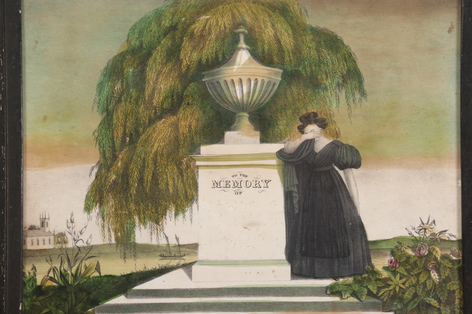 Lot 002 - Antique Hand-Colored Mourning Lithograph With Widow Weeping Beside Grave Monument And Willow Tree With Church And Sailboat In Background, "To The Memory Of" With Faded Ink Handwriting, In Frame, 16-1/2" x 13-1/2"