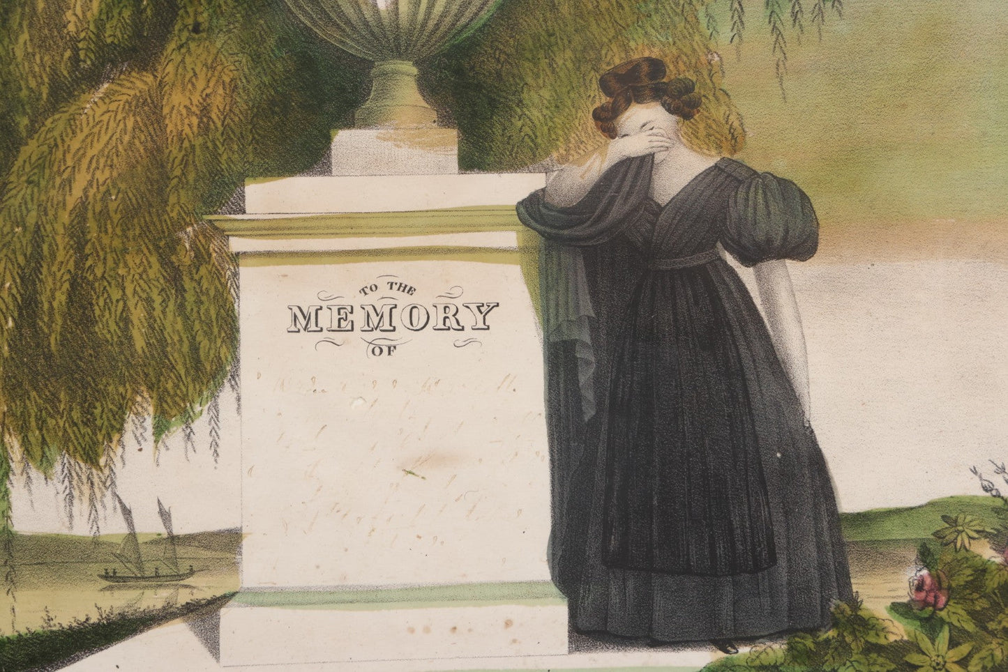 Lot 002 - Antique Hand-Colored Mourning Lithograph With Widow Weeping Beside Grave Monument And Willow Tree With Church And Sailboat In Background, "To The Memory Of" With Faded Ink Handwriting, In Frame, 16-1/2" x 13-1/2"