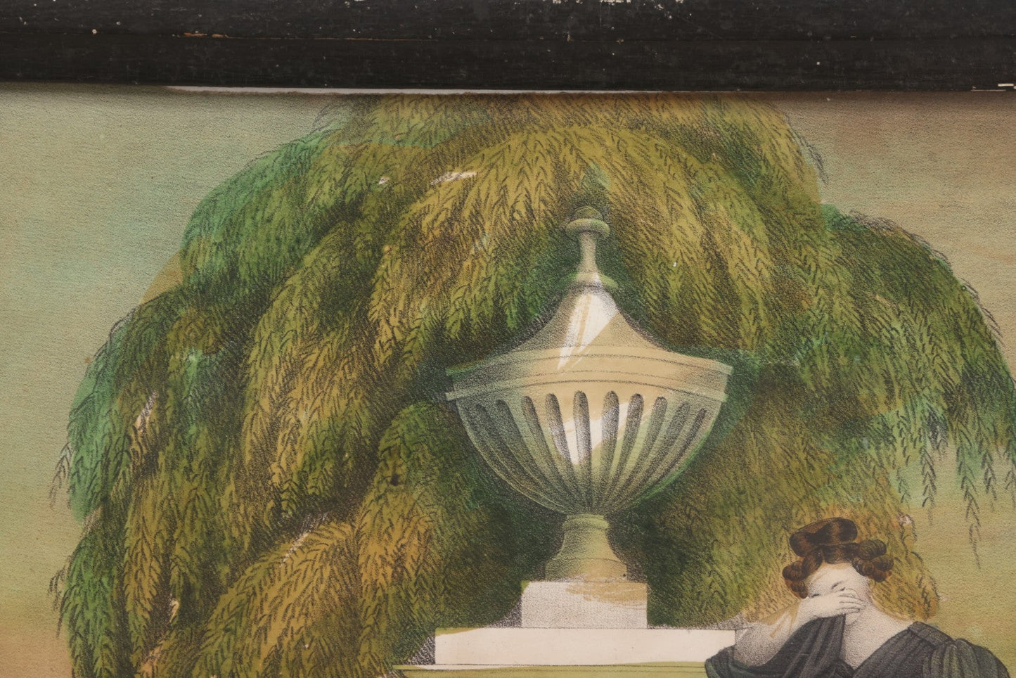 Lot 002 - Antique Hand-Colored Mourning Lithograph With Widow Weeping Beside Grave Monument And Willow Tree With Church And Sailboat In Background, "To The Memory Of" With Faded Ink Handwriting, In Frame, 16-1/2" x 13-1/2"