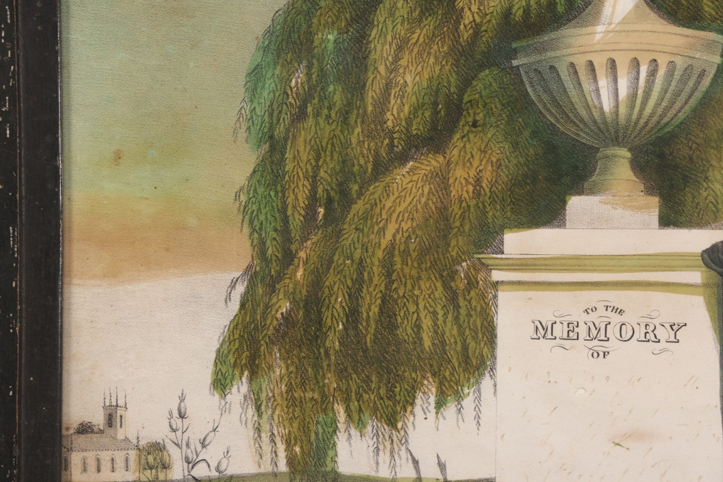 Lot 002 - Antique Hand-Colored Mourning Lithograph With Widow Weeping Beside Grave Monument And Willow Tree With Church And Sailboat In Background, "To The Memory Of" With Faded Ink Handwriting, In Frame, 16-1/2" x 13-1/2"