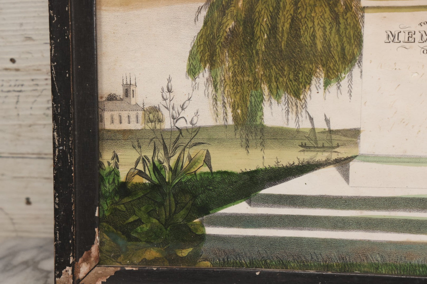 Lot 002 - Antique Hand-Colored Mourning Lithograph With Widow Weeping Beside Grave Monument And Willow Tree With Church And Sailboat In Background, "To The Memory Of" With Faded Ink Handwriting, In Frame, 16-1/2" x 13-1/2"