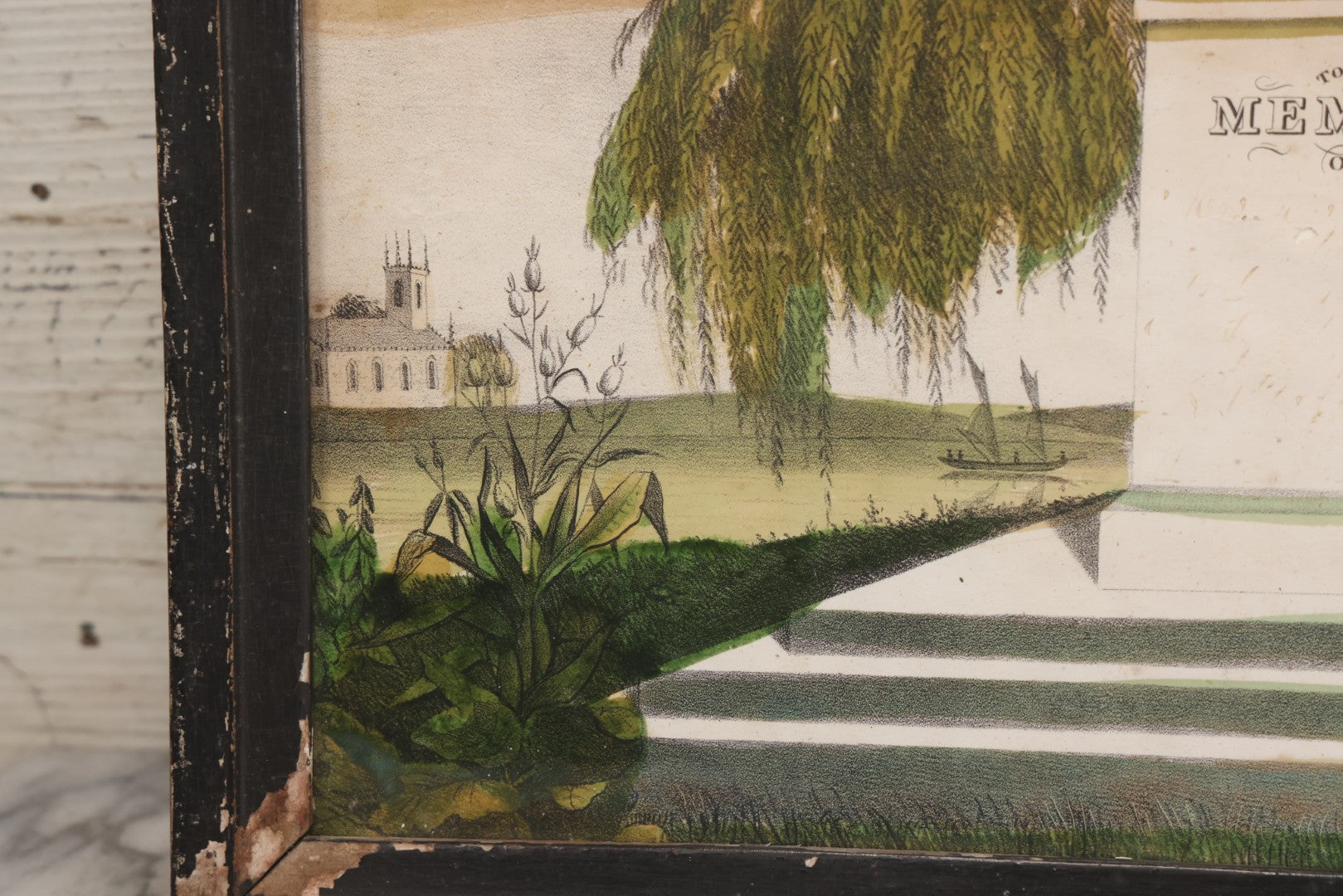 Lot 002 - Antique Hand-Colored Mourning Lithograph With Widow Weeping Beside Grave Monument And Willow Tree With Church And Sailboat In Background, "To The Memory Of" With Faded Ink Handwriting, In Frame, 16-1/2" x 13-1/2"