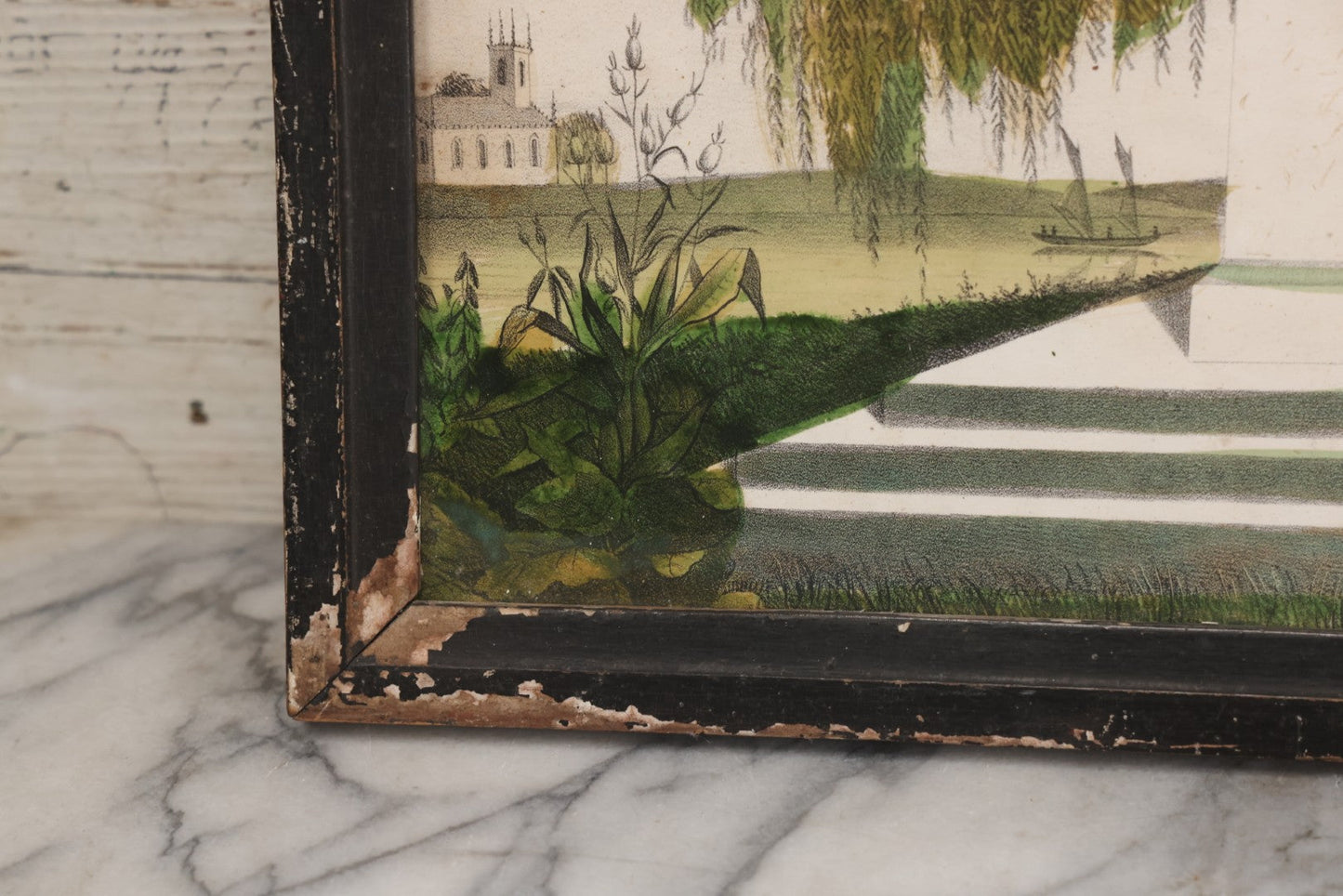 Lot 002 - Antique Hand-Colored Mourning Lithograph With Widow Weeping Beside Grave Monument And Willow Tree With Church And Sailboat In Background, "To The Memory Of" With Faded Ink Handwriting, In Frame, 16-1/2" x 13-1/2"