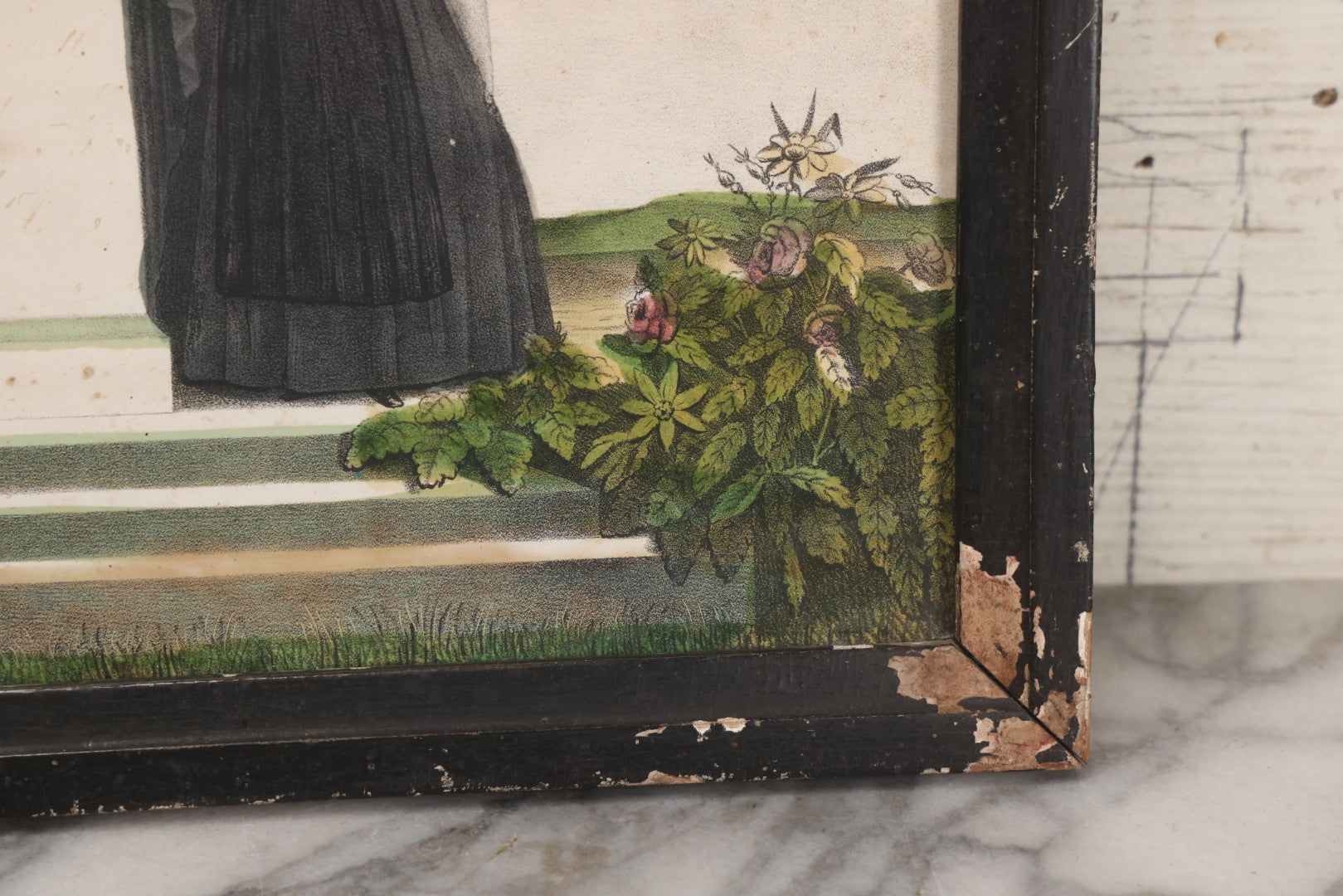 Lot 002 - Antique Hand-Colored Mourning Lithograph With Widow Weeping Beside Grave Monument And Willow Tree With Church And Sailboat In Background, "To The Memory Of" With Faded Ink Handwriting, In Frame, 16-1/2" x 13-1/2"