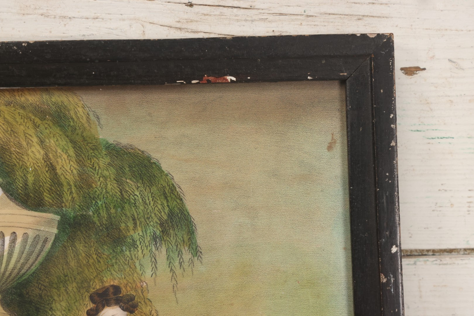 Lot 002 - Antique Hand-Colored Mourning Lithograph With Widow Weeping Beside Grave Monument And Willow Tree With Church And Sailboat In Background, "To The Memory Of" With Faded Ink Handwriting, In Frame, 16-1/2" x 13-1/2"