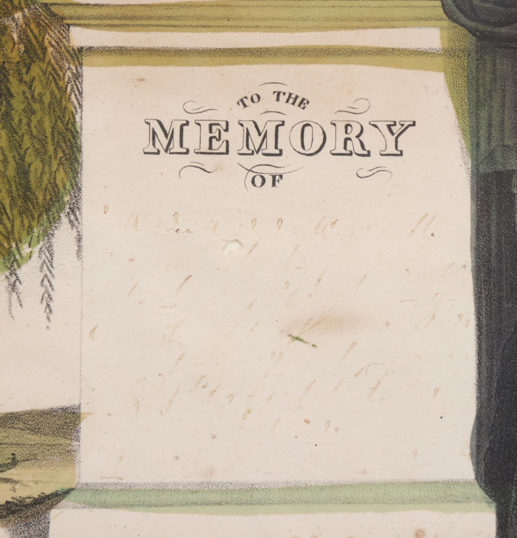 Lot 002 - Antique Hand-Colored Mourning Lithograph With Widow Weeping Beside Grave Monument And Willow Tree With Church And Sailboat In Background, "To The Memory Of" With Faded Ink Handwriting, In Frame, 16-1/2" x 13-1/2"