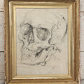 Lot 003 - Vintage Hand-Drawn Academic Human Skull Study, Charcoal On Paper, With Expressive Line Work, In Worn Antique Gilt Frame, 20-1/2" x 24-1/2"