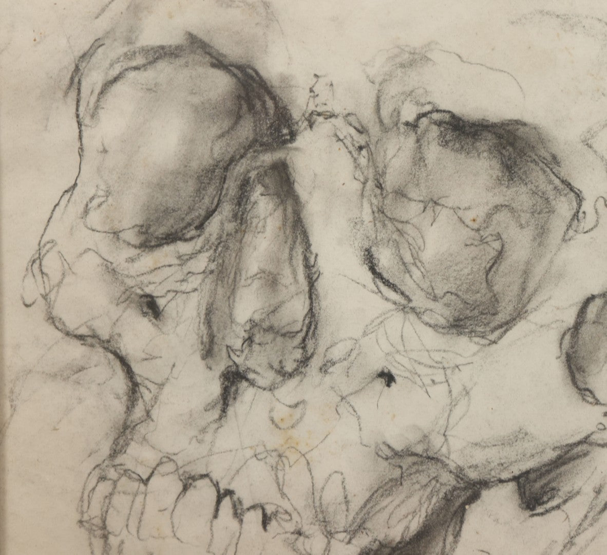 Lot 003 - Vintage Hand-Drawn Academic Human Skull Study, Charcoal On Paper, With Expressive Line Work, In Worn Antique Gilt Frame, 20-1/2" x 24-1/2"
