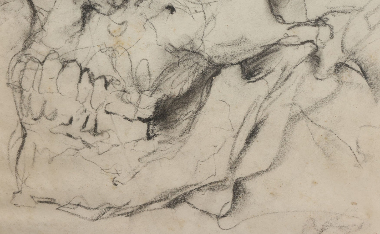 Lot 003 - Vintage Hand-Drawn Academic Human Skull Study, Charcoal On Paper, With Expressive Line Work, In Worn Antique Gilt Frame, 20-1/2" x 24-1/2"